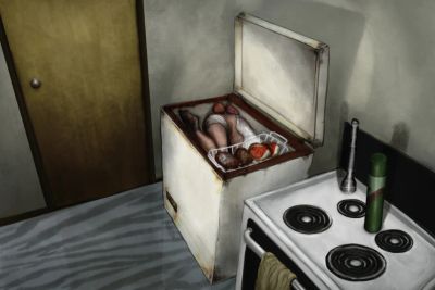 An artist's interpretation of crime scene photos in the police report for Derrance Stevenson's murder.